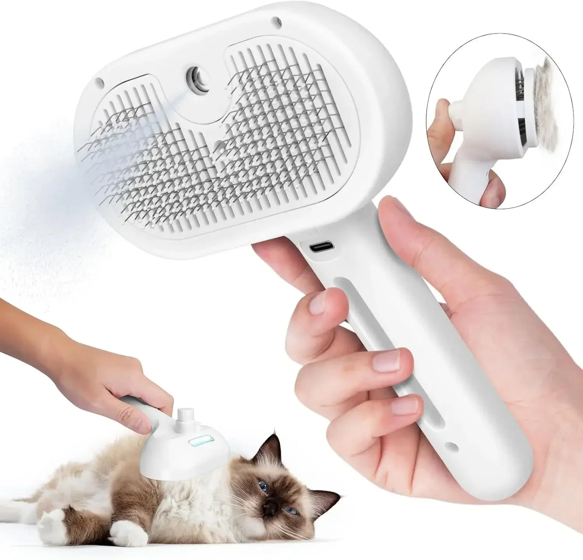 Fold-flat handle design on Furly Steam Spray Pet Comb