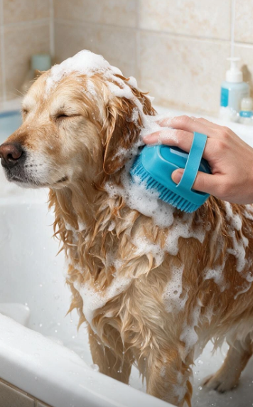 Soothing foam lather during dog bath with Furly Silicone Bath Brush