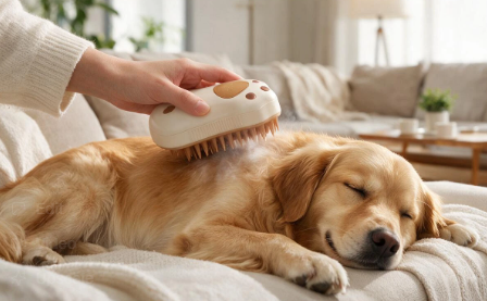 Golden retriever relaxed enjoying calm vapor grooming with Furly Steam Pet Brush
