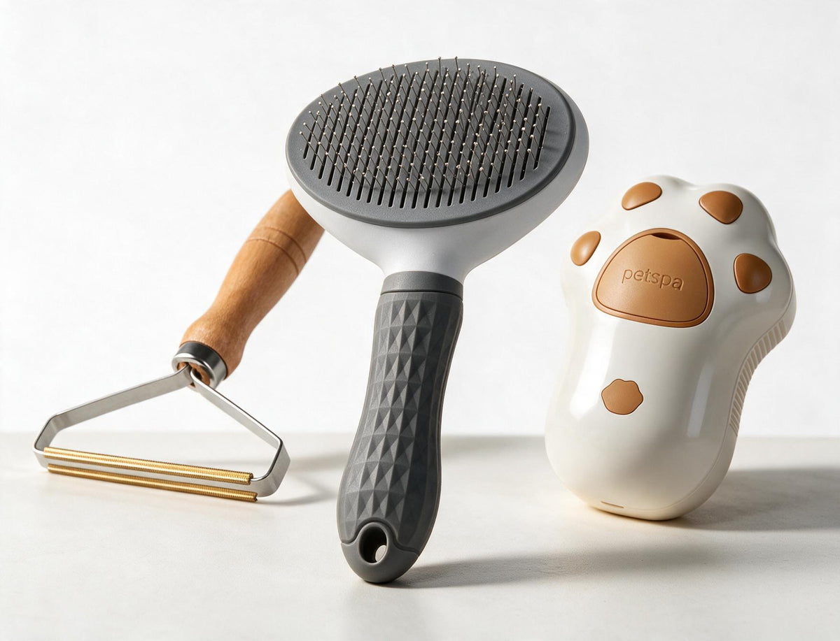 Furly Steam Pet Brush, detangling comb, and wooden lint rake bundle