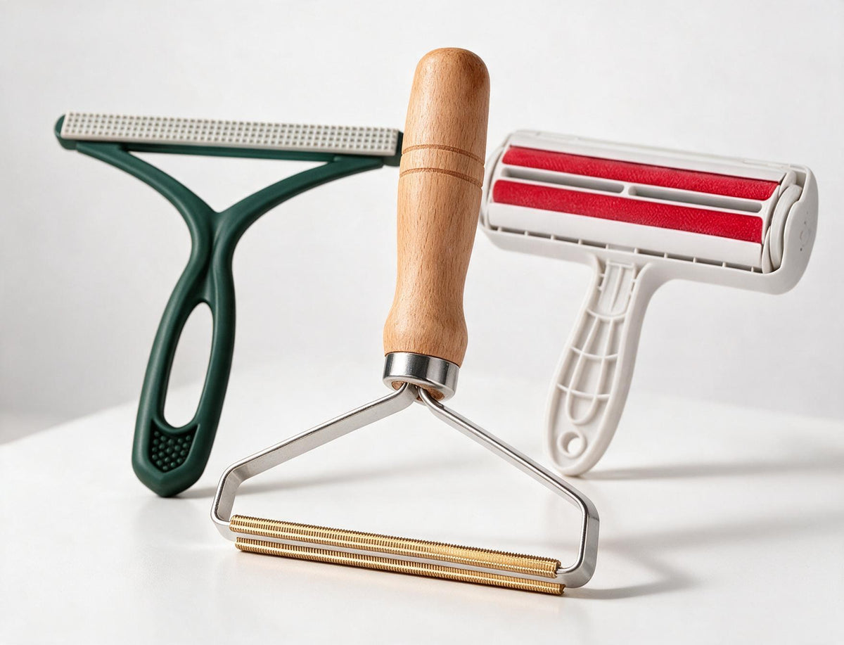 Complete pet hair removal kit with roller, wooden rake, and fabric brush