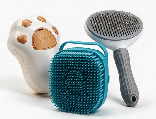 Furly Bath and Groom Bundle with Steam Brush, Silicone Bath Brush, and Stainless Comb
