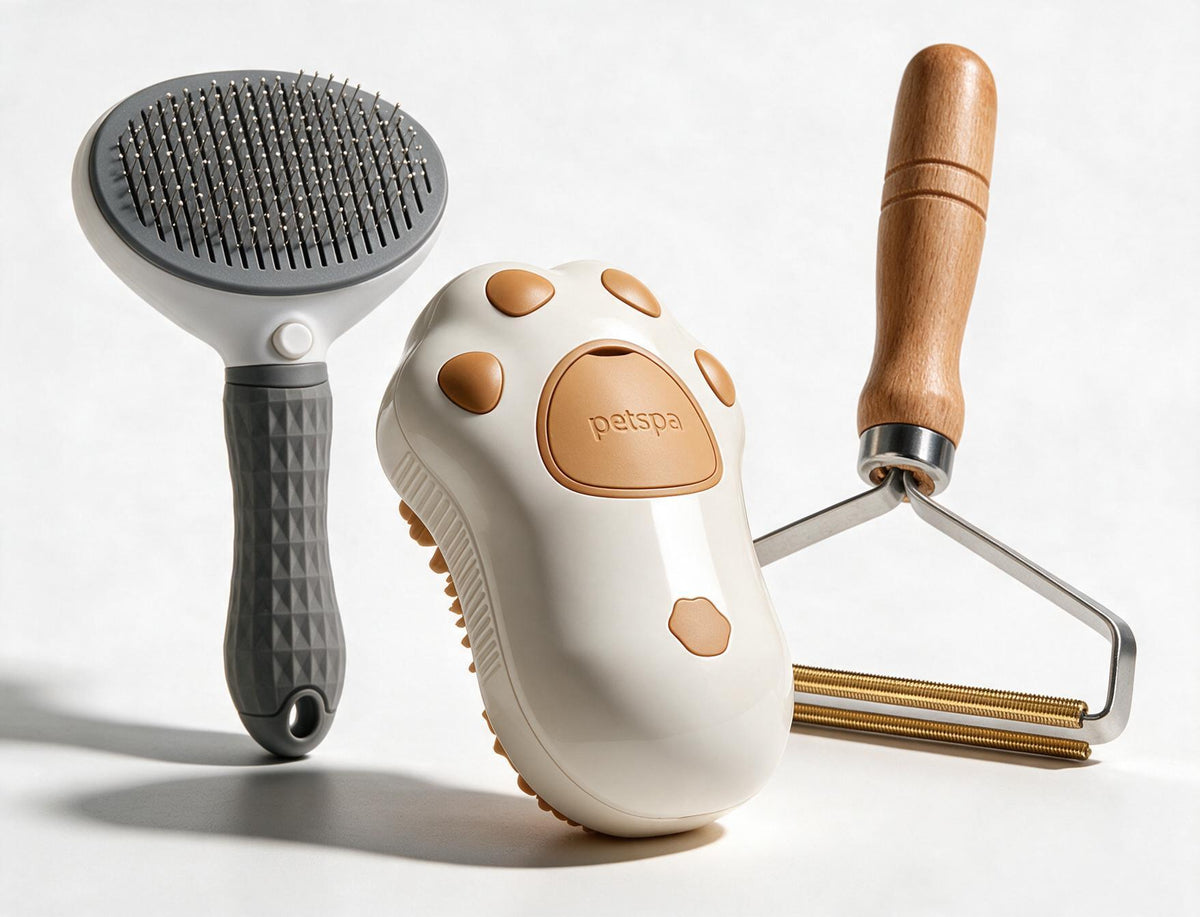 Furly Grooming Essentials Bundle including Steam Pet Brush, Stainless Comb, and Wooden Tool