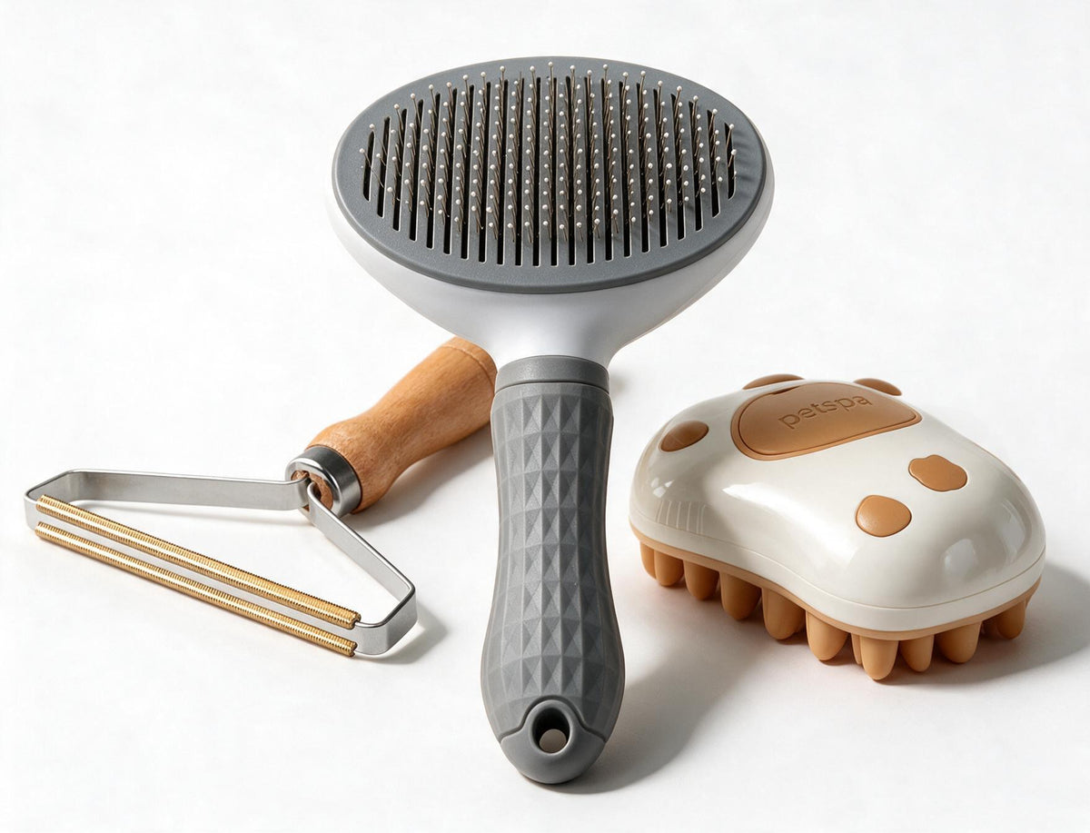 Complete 3-piece Furly pet grooming set neatly arranged